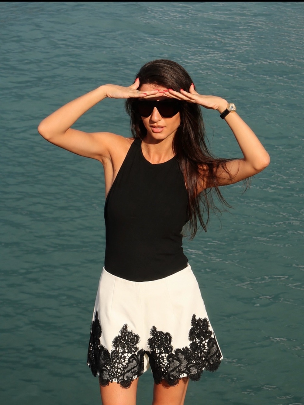 Commense Black and White Lace-Trim Shorts